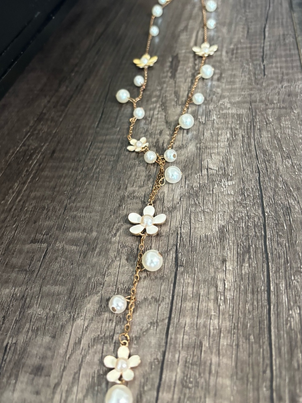 Gold Floral Pearl Drop Necklace - White Pearls
